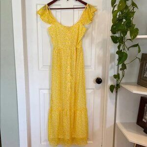 Yellow Tiered Ruffled Maxi Dress Summer Peasant Cottagecore Boho Wedding Guest